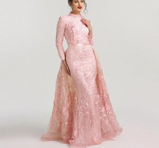 Muslim Romantic Pink Long Sleeves Evening Dresses High Neck Handmade Flowers Evening Gowns