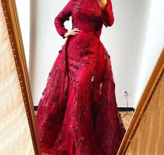 Muslim Romantic Pink Long Sleeves Evening Dresses High Neck Handmade Flowers Evening Gowns