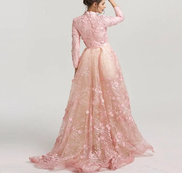 Muslim Romantic Pink Long Sleeves Evening Dresses High Neck Handmade Flowers Evening Gowns