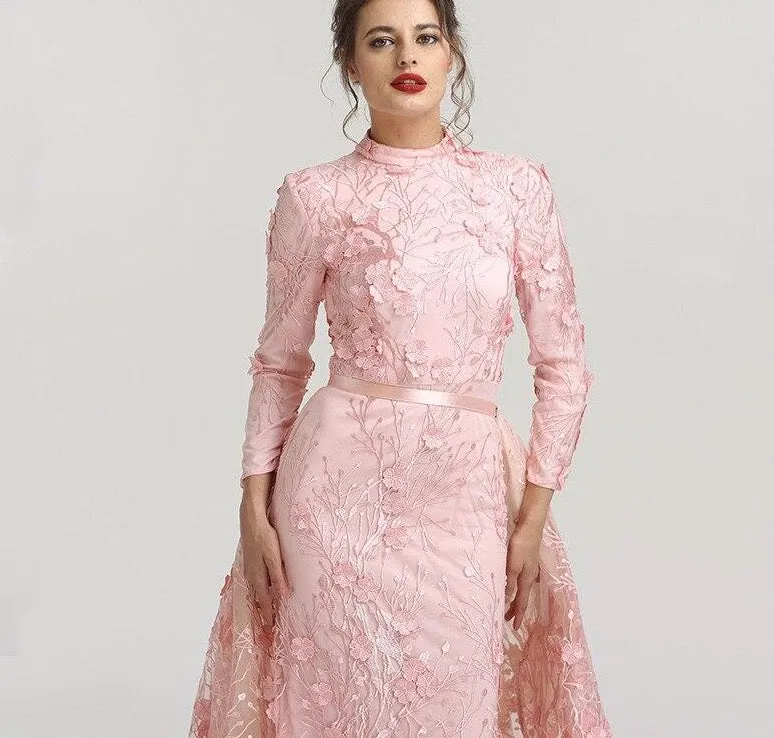 Muslim Romantic Pink Long Sleeves Evening Dresses High Neck Handmade Flowers Evening Gowns