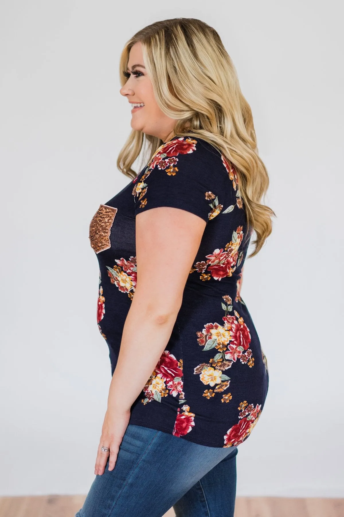 Navy and Burgundy Floral Glam Pocket Top