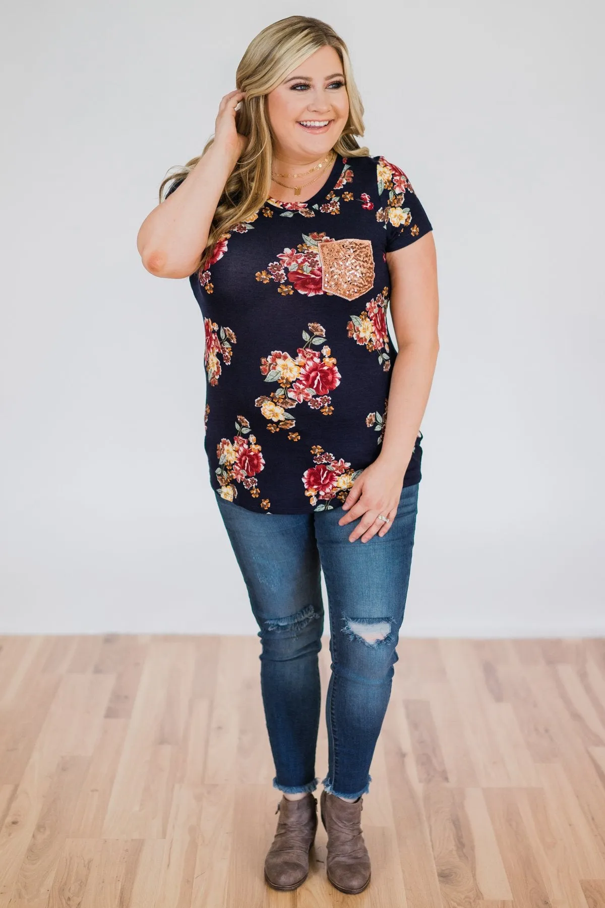 Navy and Burgundy Floral Glam Pocket Top