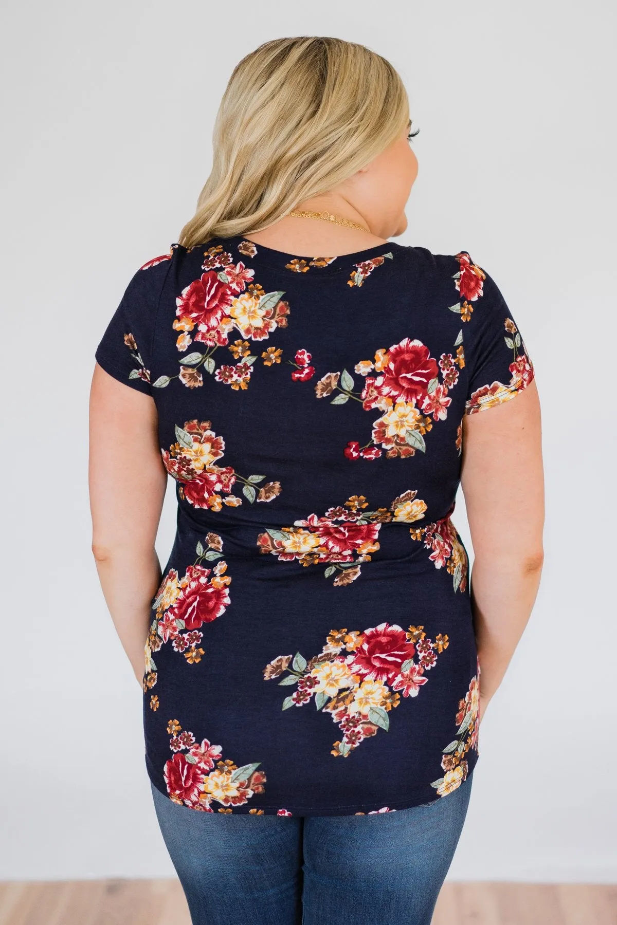 Navy and Burgundy Floral Glam Pocket Top