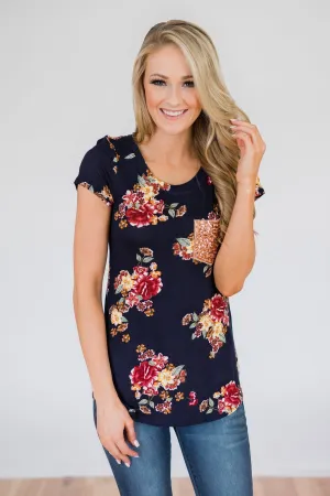 Navy and Burgundy Floral Glam Pocket Top