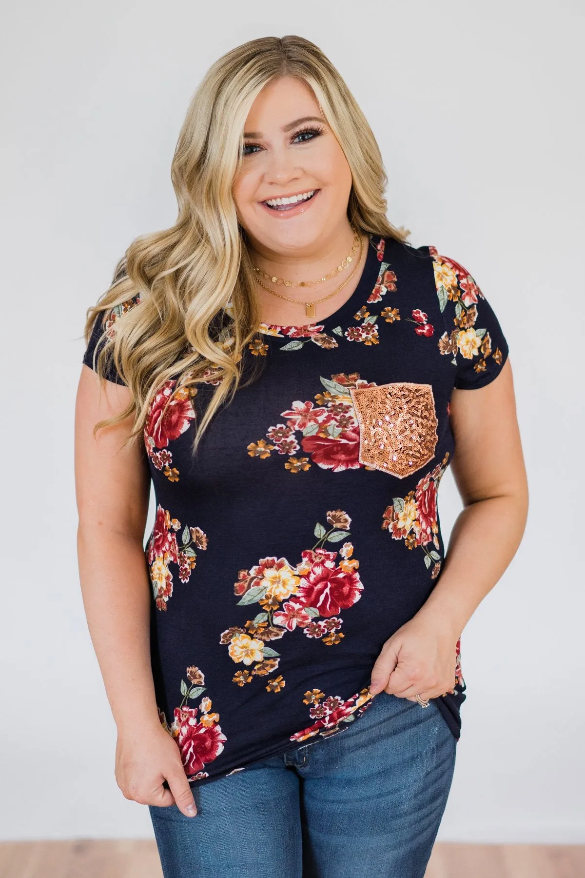 Navy and Burgundy Floral Glam Pocket Top