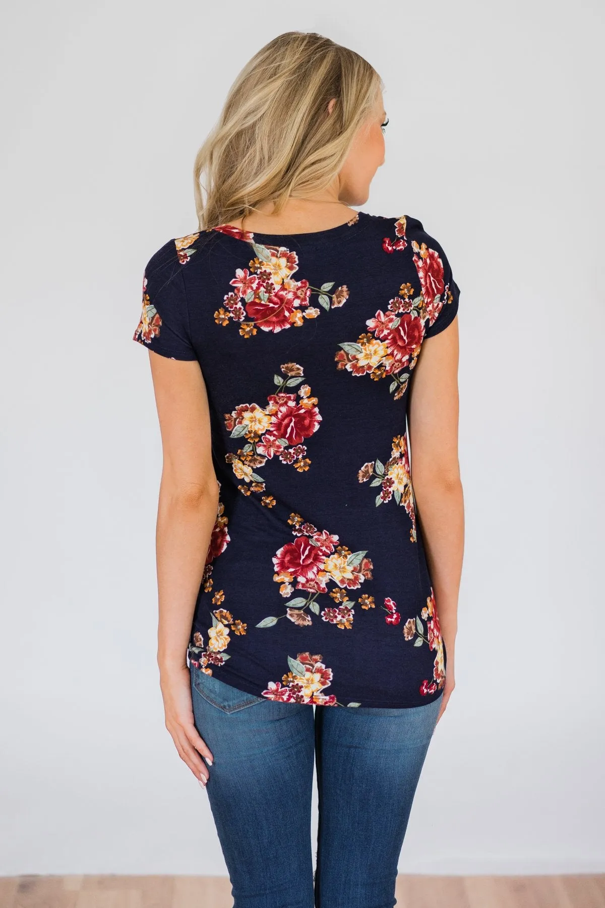 Navy and Burgundy Floral Glam Pocket Top