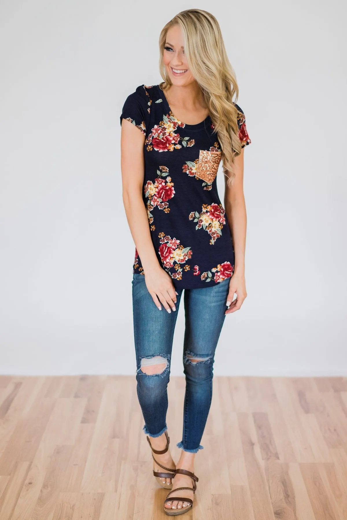 Navy and Burgundy Floral Glam Pocket Top
