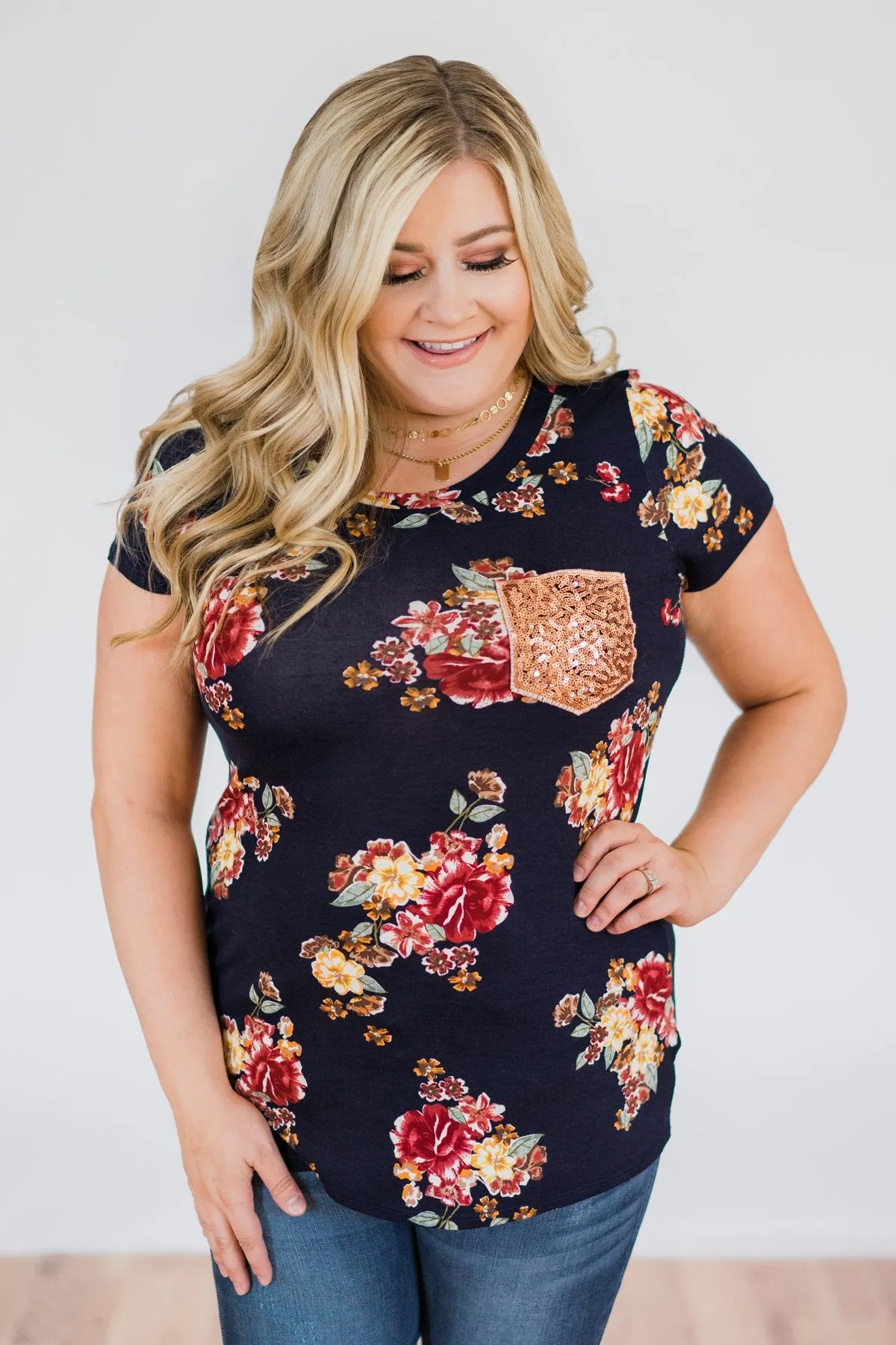 Navy and Burgundy Floral Glam Pocket Top
