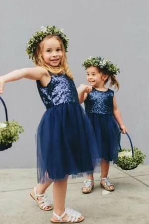 Navy Blue Sequin Tulle Children Flower Girl Dresses Knee Length
