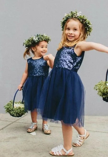 Navy Blue Sequin Tulle Children Flower Girl Dresses Knee Length