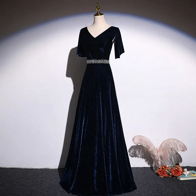 Navy Blue Velvet A-line long Beaded Elegant Party Dress, Simple Velvet Formal Dresses