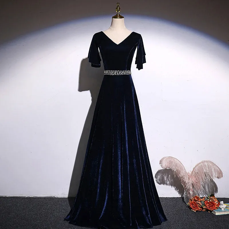 Navy Blue Velvet A-line long Beaded Elegant Party Dress, Simple Velvet Formal Dresses