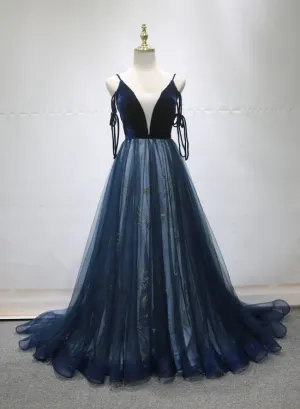 Navy Blue Velvet and Tulle Long Prom Dress Party Dress, Navy Blue Evening Dress 2022