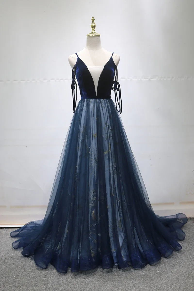 Navy Blue Velvet and Tulle Long Prom Dress Party Dress, Navy Blue Evening Dress 2022