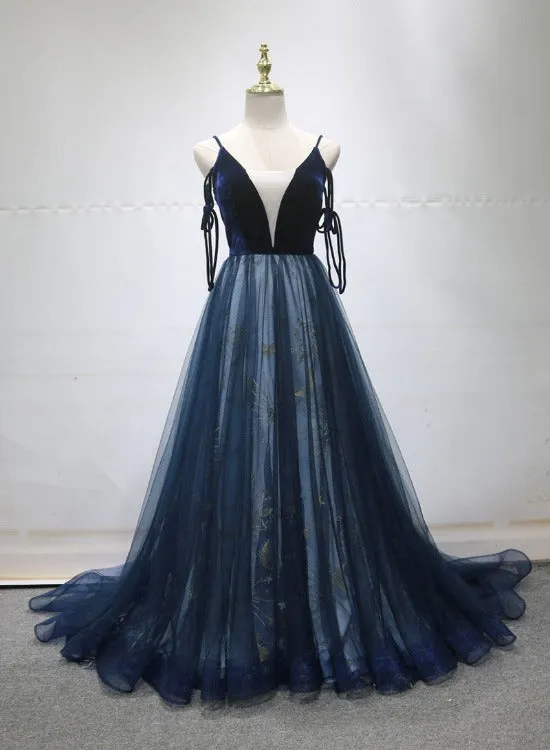 Navy Blue Velvet and Tulle Long Prom Dress Party Dress, Navy Blue Evening Dress 2022