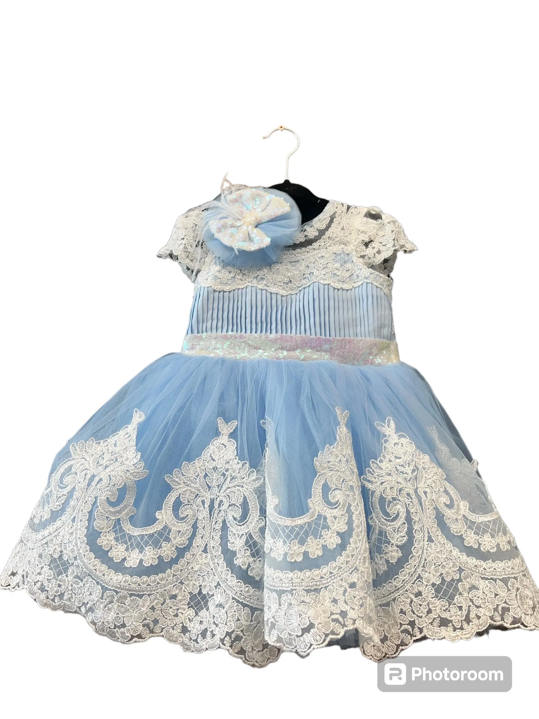 NEW Ada Aziza Melody Dress Blue White with hair bow, Blue White Sequined Baby Girl Dress With White Lace, Blue White Flower Girl Dress, Toddler Dress, Puffy Dress, Sz 2-4 Yrs, Retails $140