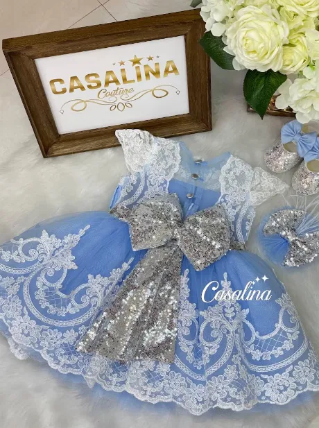 NEW Ada Aziza Melody Dress Blue White with hair bow, Blue White Sequined Baby Girl Dress With White Lace, Blue White Flower Girl Dress, Toddler Dress, Puffy Dress, Sz 2-4 Yrs, Retails $140
