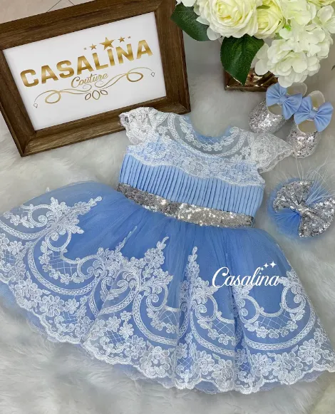 NEW Ada Aziza Melody Dress Blue White with hair bow, Blue White Sequined Baby Girl Dress With White Lace, Blue White Flower Girl Dress, Toddler Dress, Puffy Dress, Sz 2-4 Yrs, Retails $140