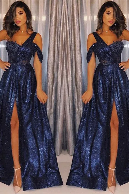New Arrival Navy Blue One-Shoulder Sequins Prom Dresses Chic A-Line Side-Slit Evening Gowns