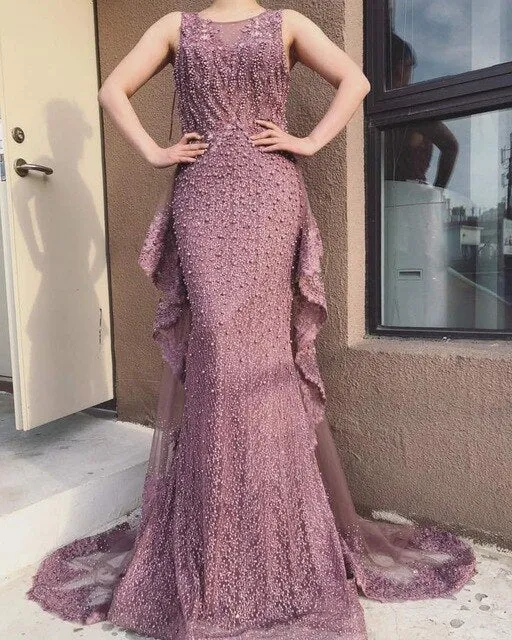 New Mermaid Sleeveless Sexy Evening Dresses Pearls Fashion Off Shoulder Evening Gowns