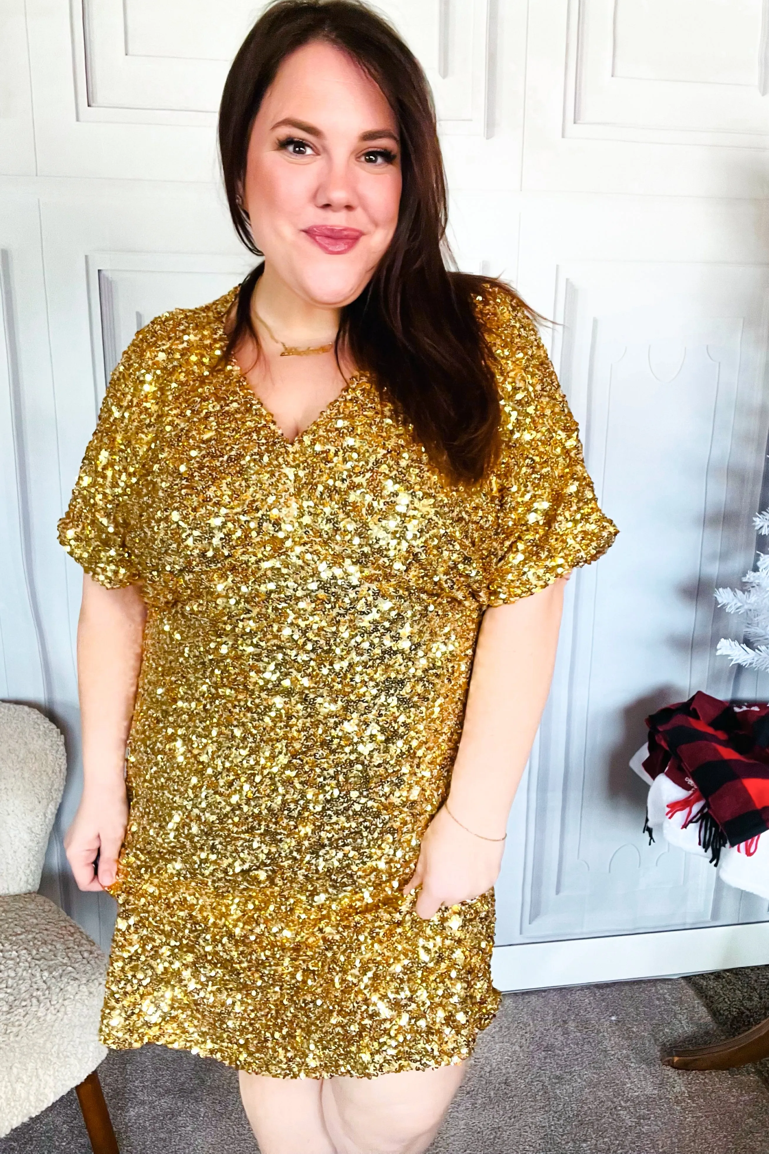 New Year Diva Dolman Gold Sequined Lined Babydoll Dress
