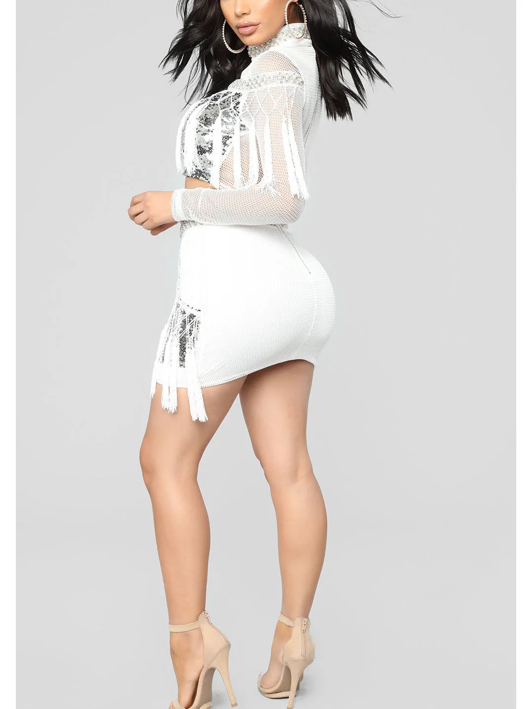 Nightclub Gauze Sequined Fringed Skirt Two-piece