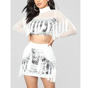 Nightclub Gauze Sequined Fringed Skirt Two-piece