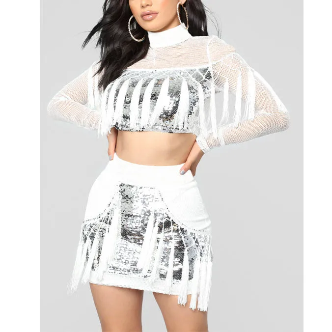 Nightclub Gauze Sequined Fringed Skirt Two-piece