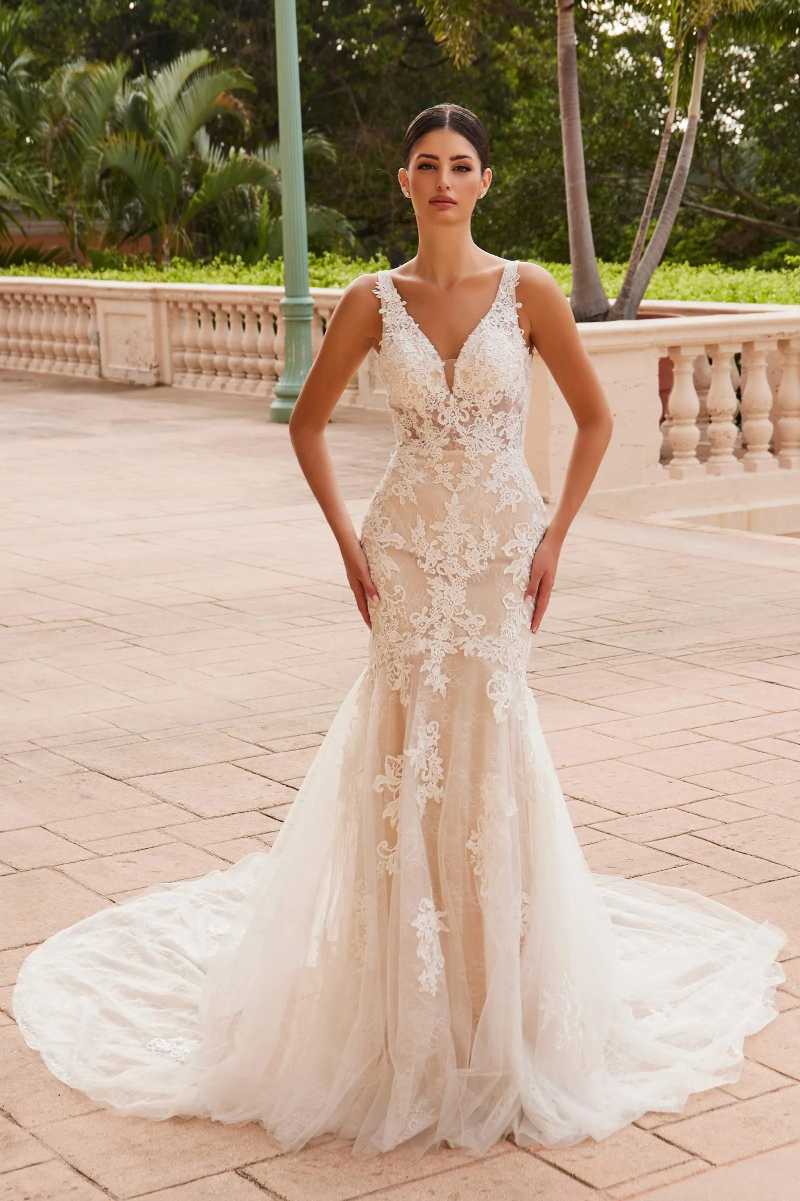 Nox Anabel H493 Classical V-Neckline Lace Mermaid Gown
