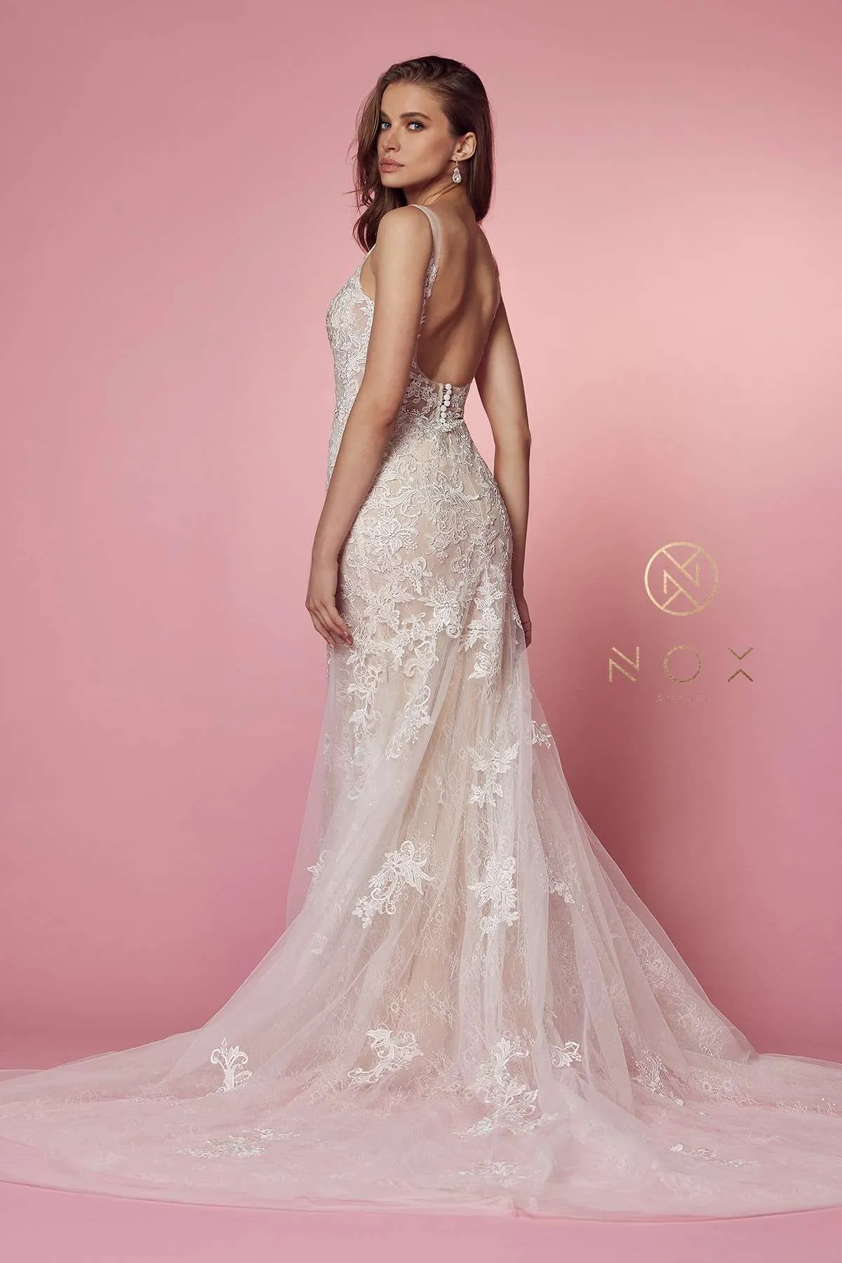 Nox Anabel H493 Classical V-Neckline Lace Mermaid Gown
