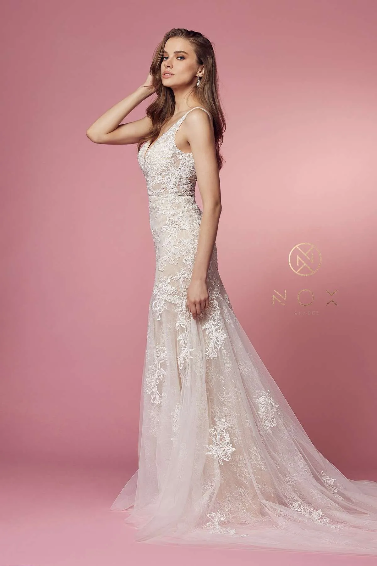 Nox Anabel H493 Classical V-Neckline Lace Mermaid Gown