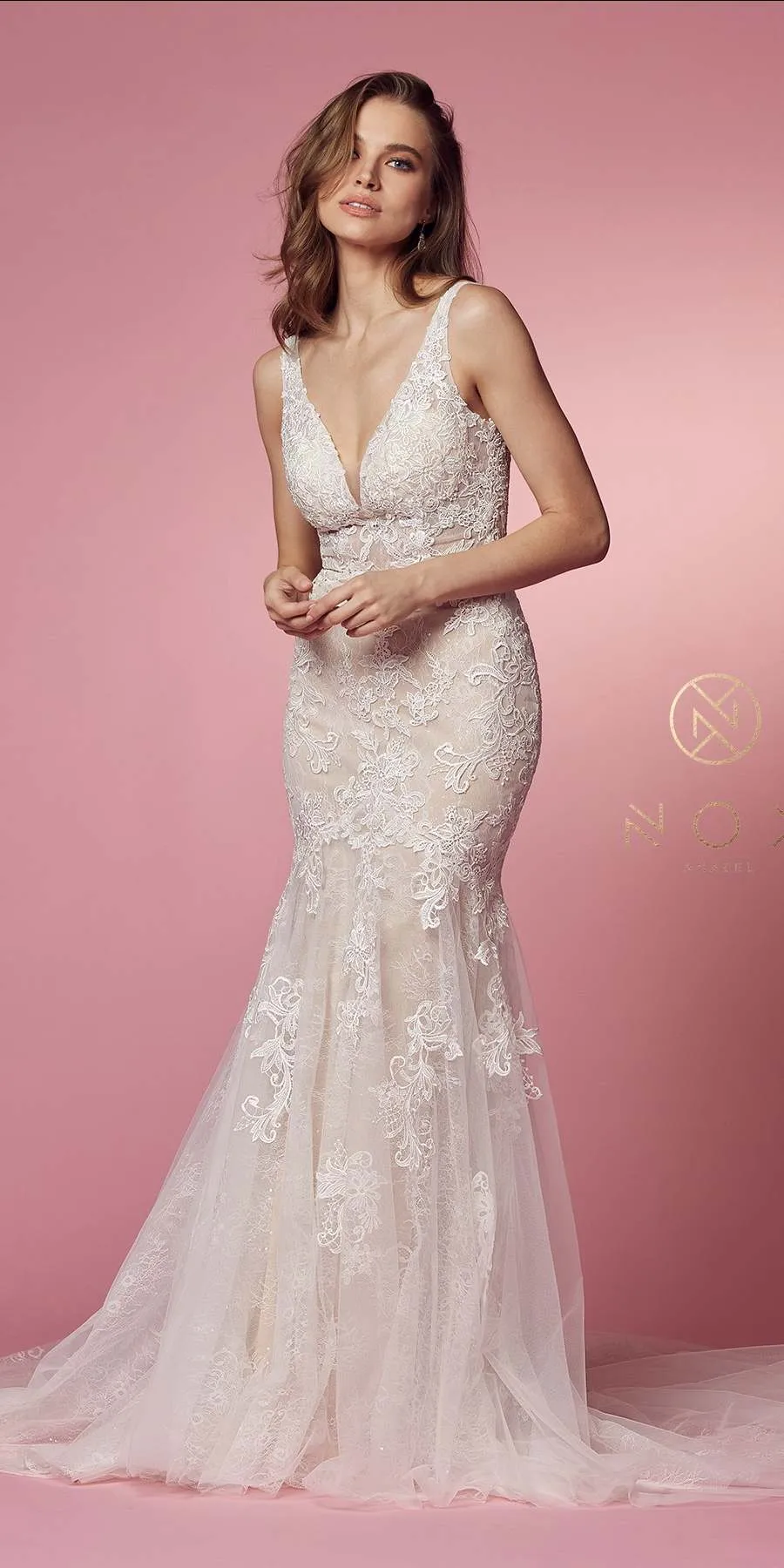 Nox Anabel H493 Classical V-Neckline Lace Mermaid Gown