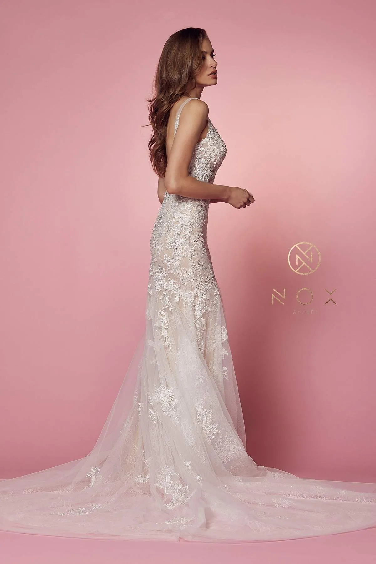 Nox Anabel H493 Classical V-Neckline Lace Mermaid Gown