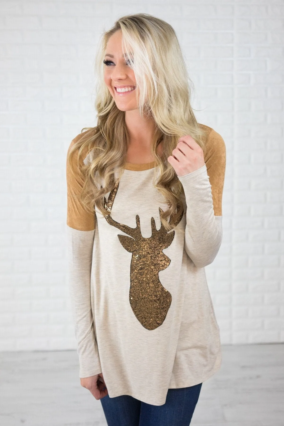 Oatmeal & Suede Deer Sequin Top