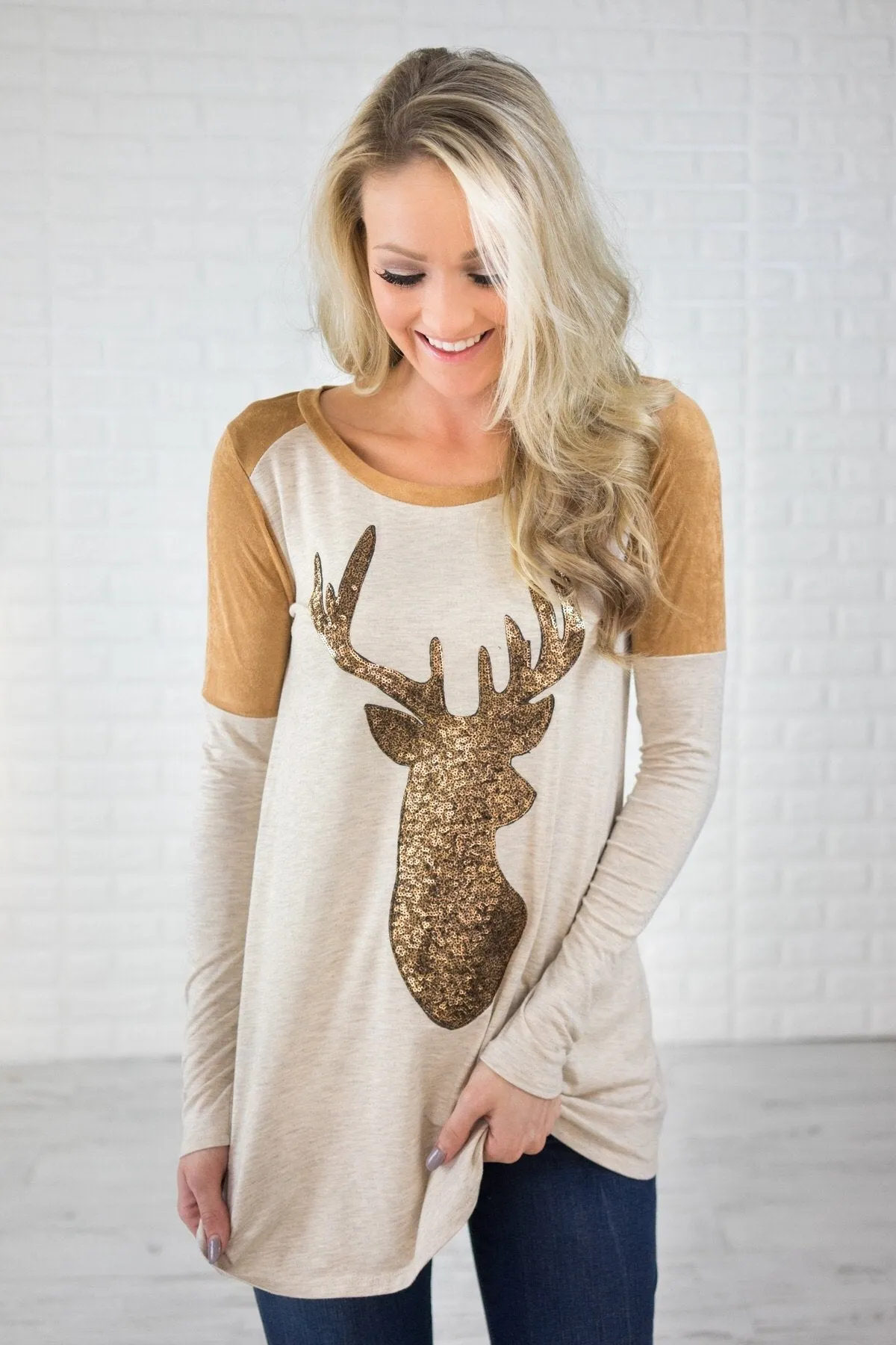Oatmeal & Suede Deer Sequin Top