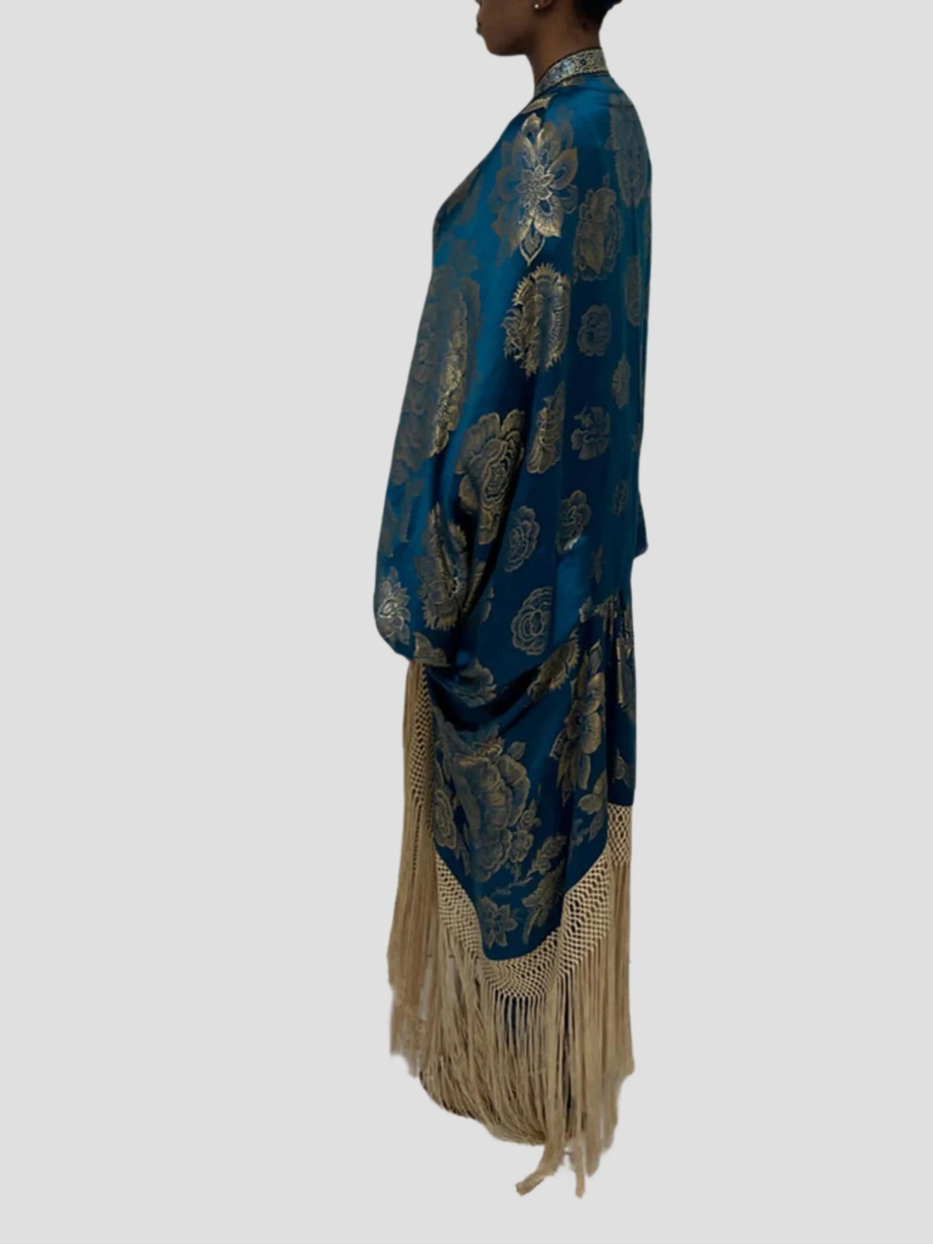 Ocean Blues Metallic Silk Lame Cocoon With Fringe and Vintage Blue Clasp