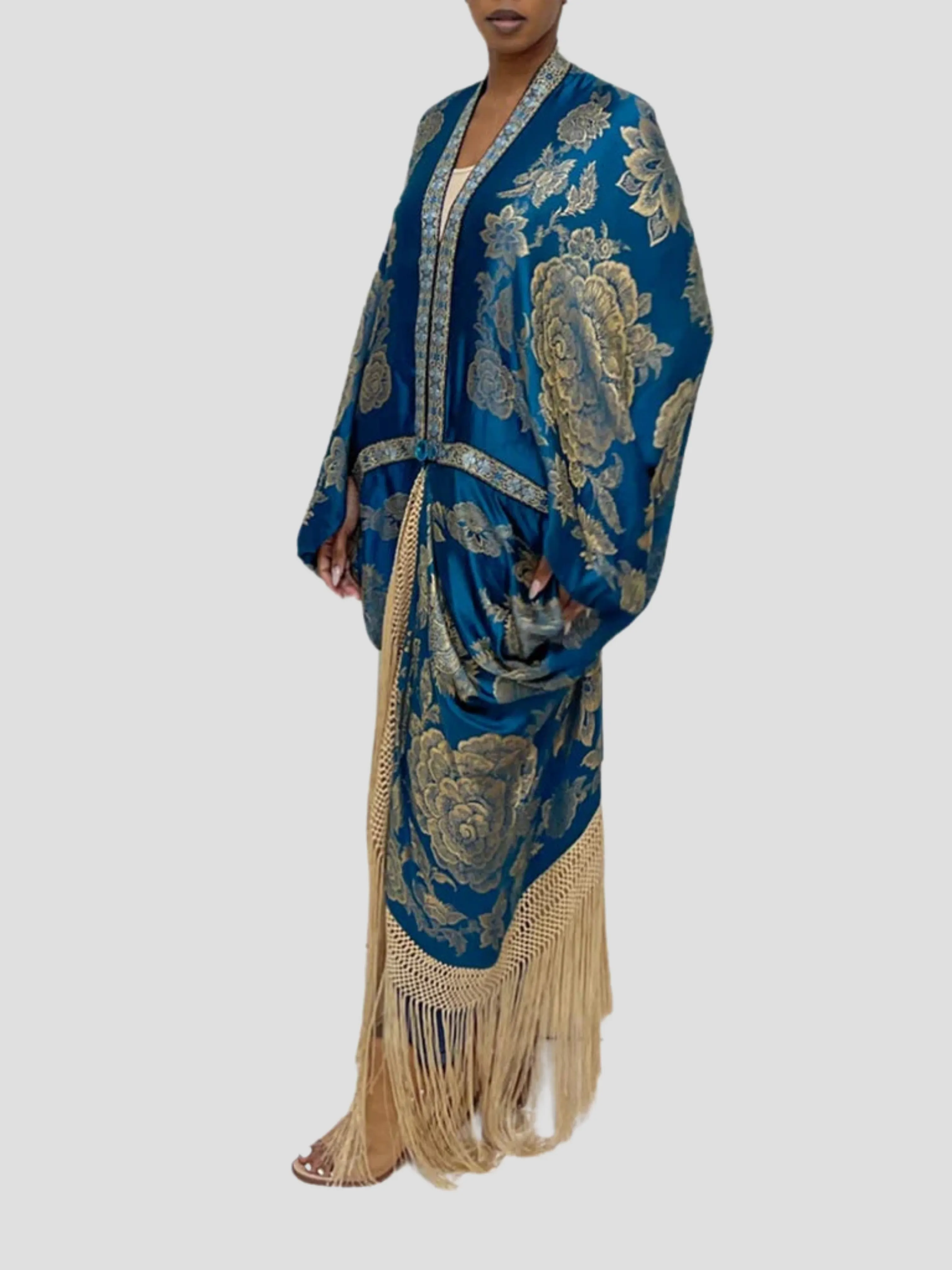 Ocean Blues Metallic Silk Lame Cocoon With Fringe and Vintage Blue Clasp