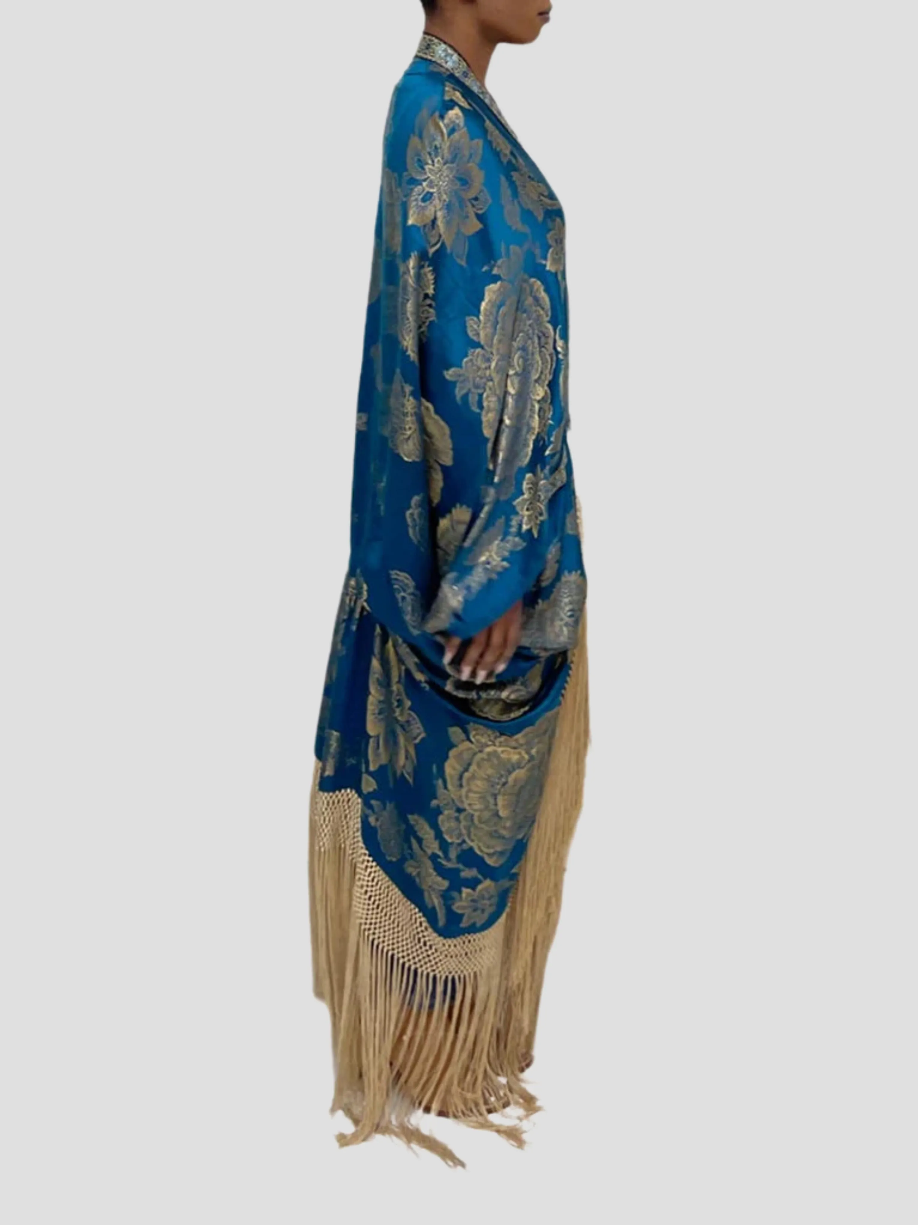 Ocean Blues Metallic Silk Lame Cocoon With Fringe and Vintage Blue Clasp