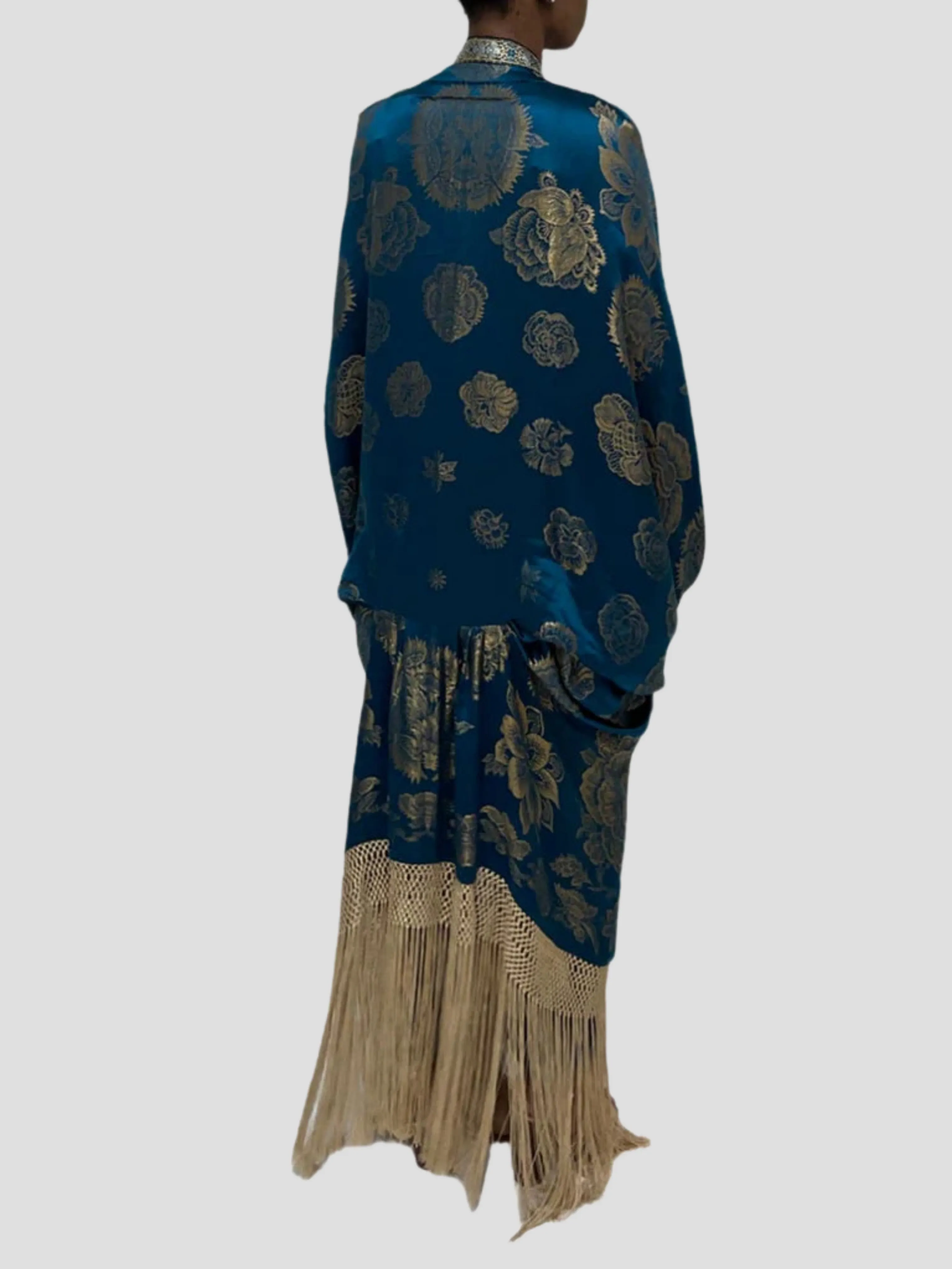 Ocean Blues Metallic Silk Lame Cocoon With Fringe and Vintage Blue Clasp