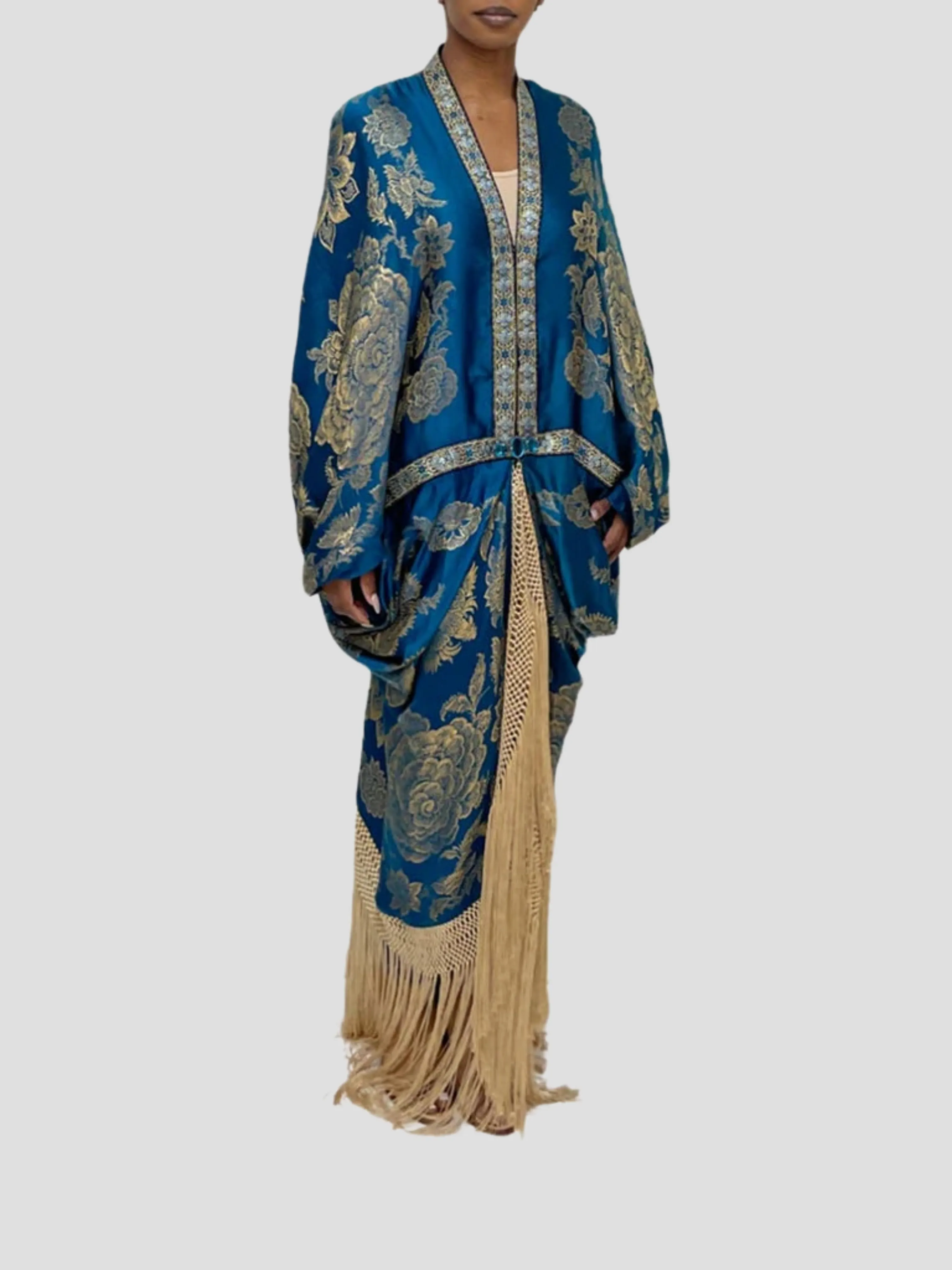 Ocean Blues Metallic Silk Lame Cocoon With Fringe and Vintage Blue Clasp