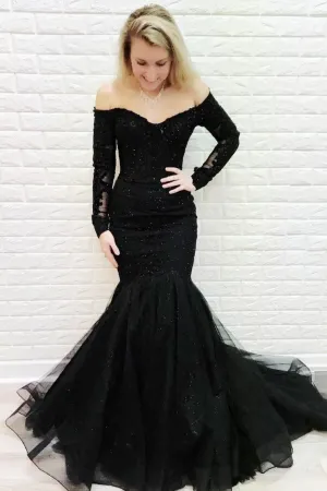 Off-the-shoulder Black Lace Evening Dress Mermaid Style Train
