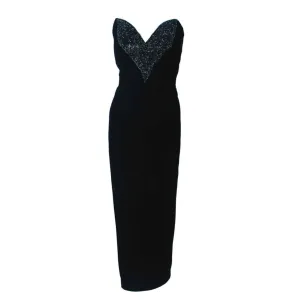 OLEG CASSINI Black Velvet Strapless Beaded Gown Size 8-10