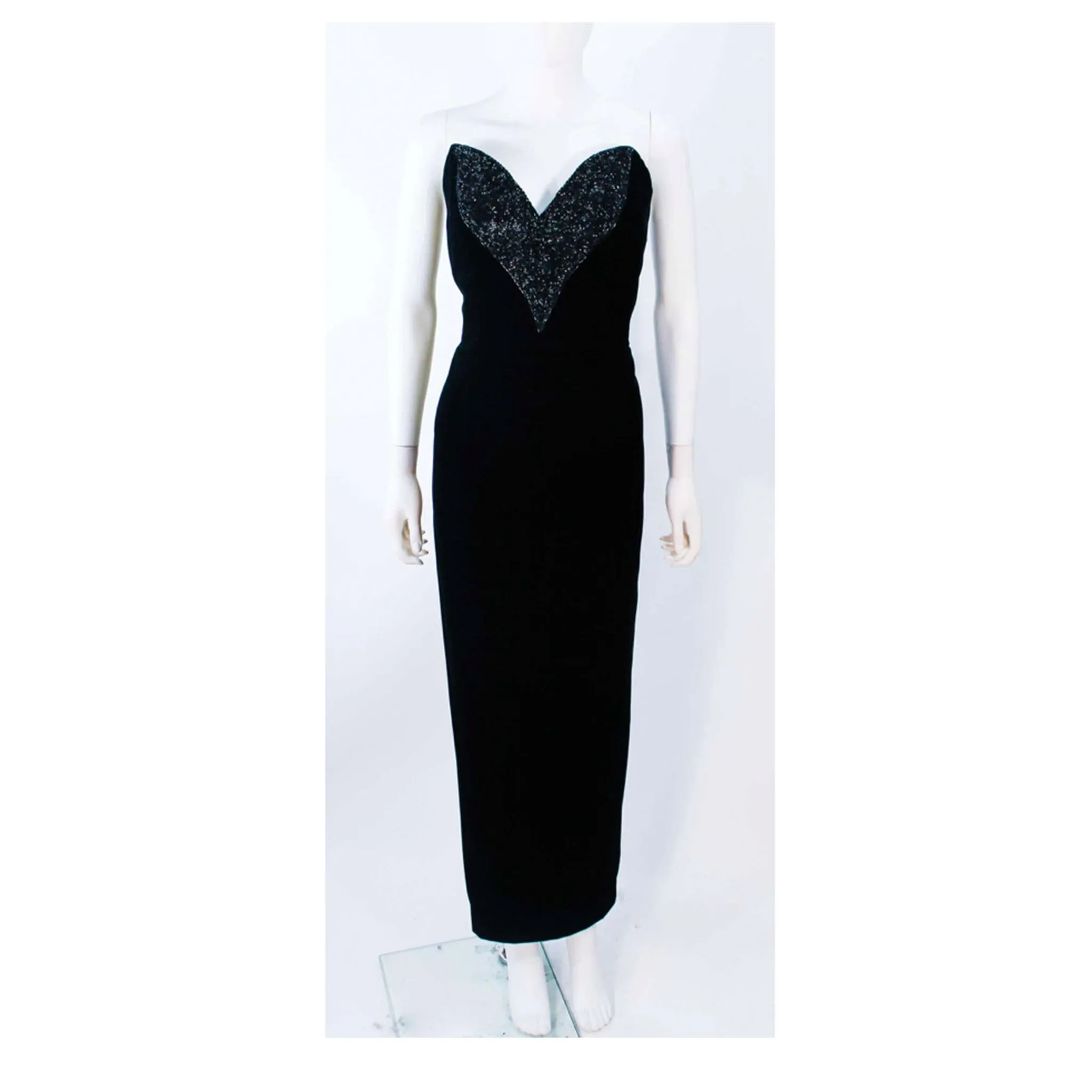 OLEG CASSINI Black Velvet Strapless Beaded Gown Size 8-10