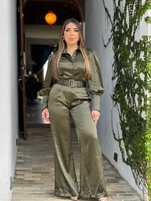 Olive Green Satin Pant Set