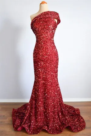 One Shoulder Long Sequins Formal Dress Burgundy Mermaid