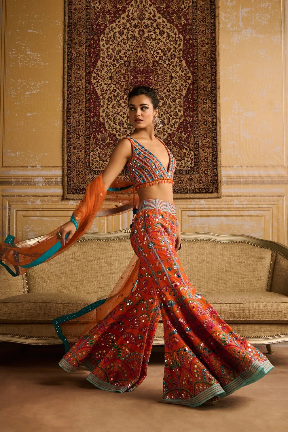 Orange Embroidered Blouse And  Sharara Set