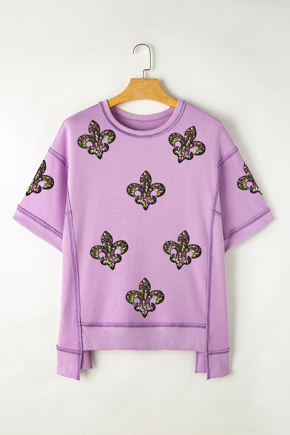 Orchid Petal Sequin Fleur De Lis Patched Exposed Seam Oversize Top