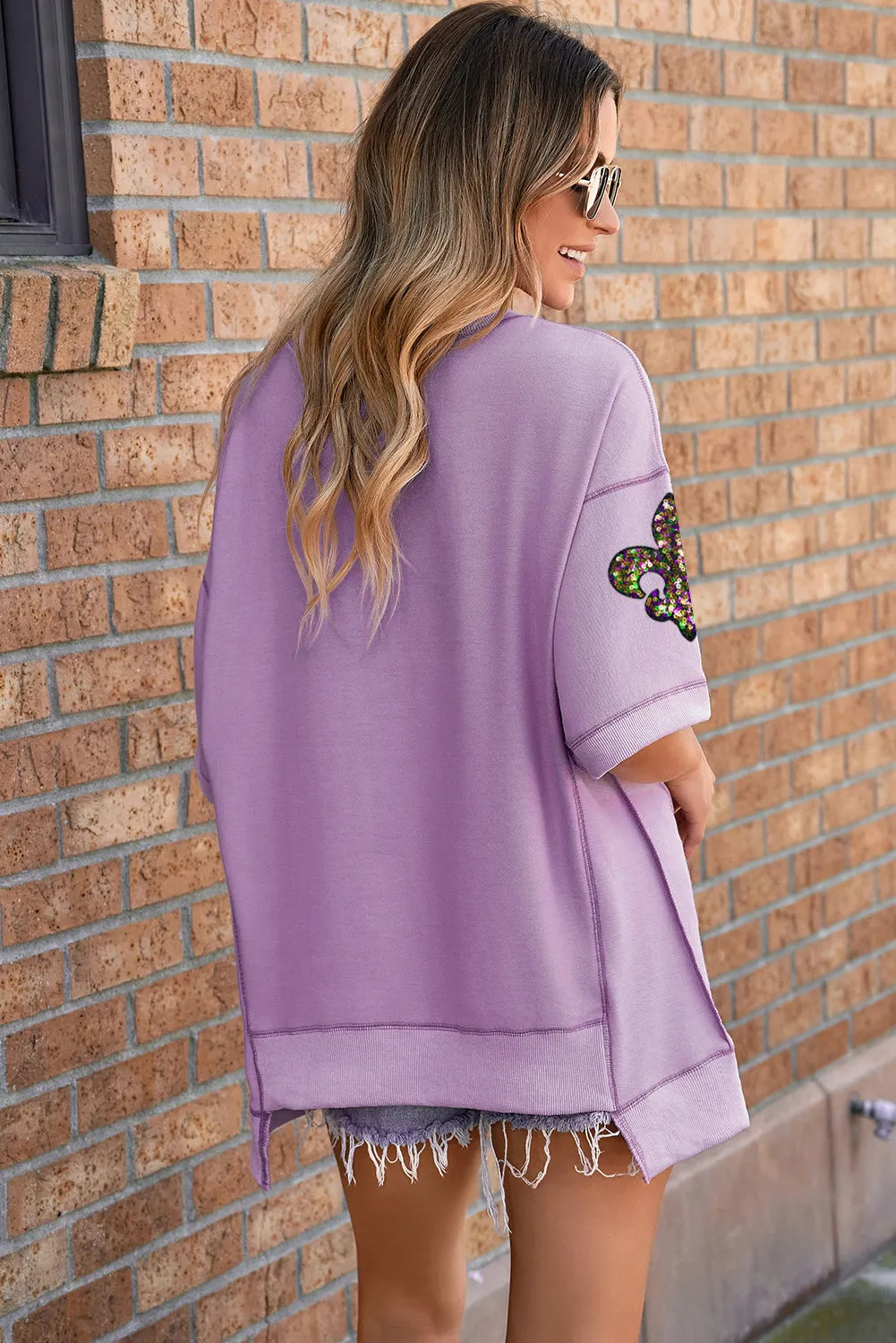 Orchid Petal Sequin Fleur De Lis Patched Exposed Seam Oversize Top