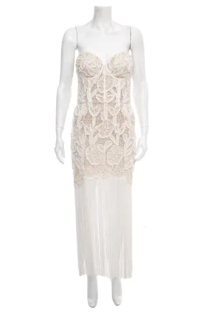 Oscar de la Renta White Lace Strapless Fringe Detail Dress SZ 6