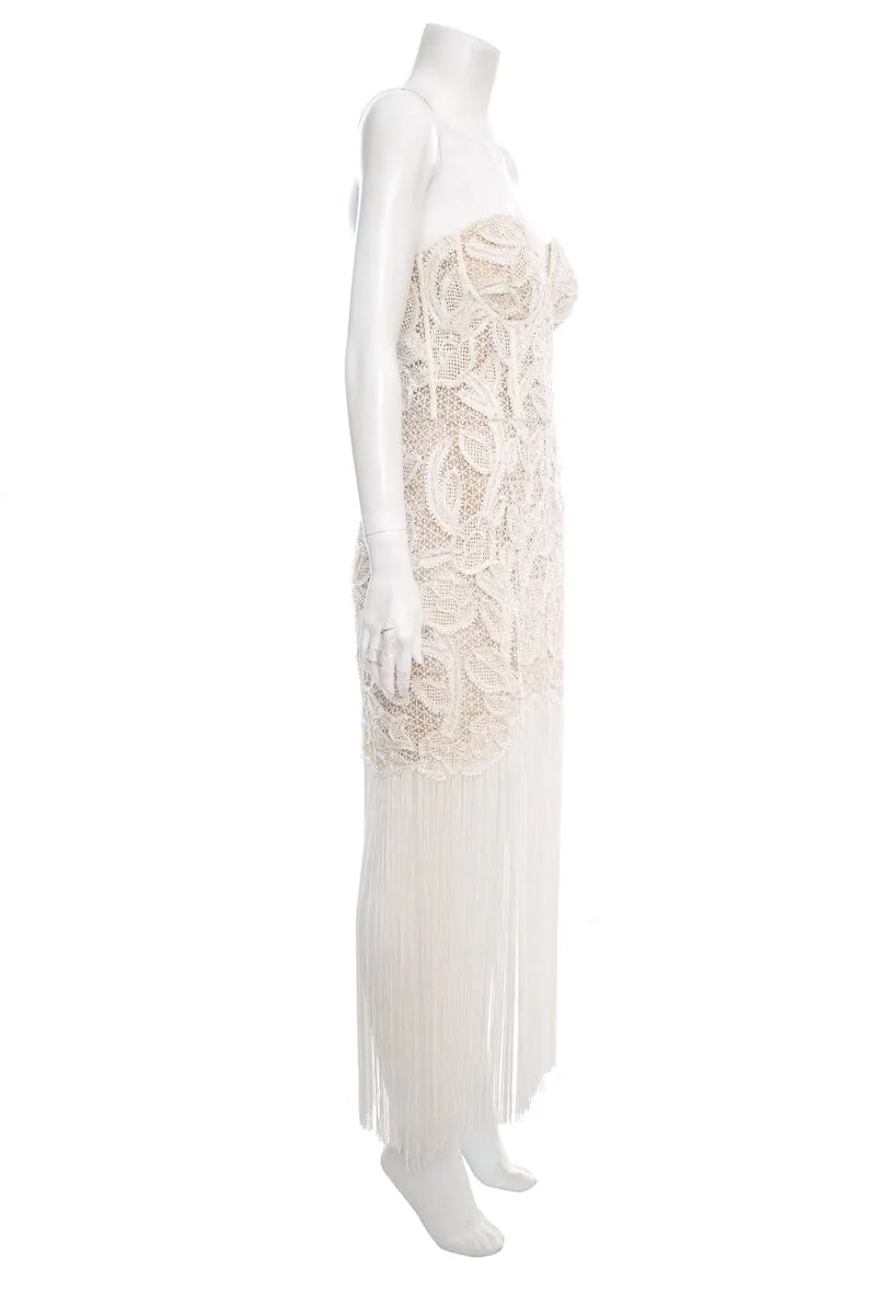 Oscar de la Renta White Lace Strapless Fringe Detail Dress SZ 6